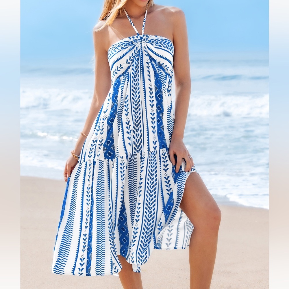 Cupshe White and Blue Strapless Halter Maxi Dress